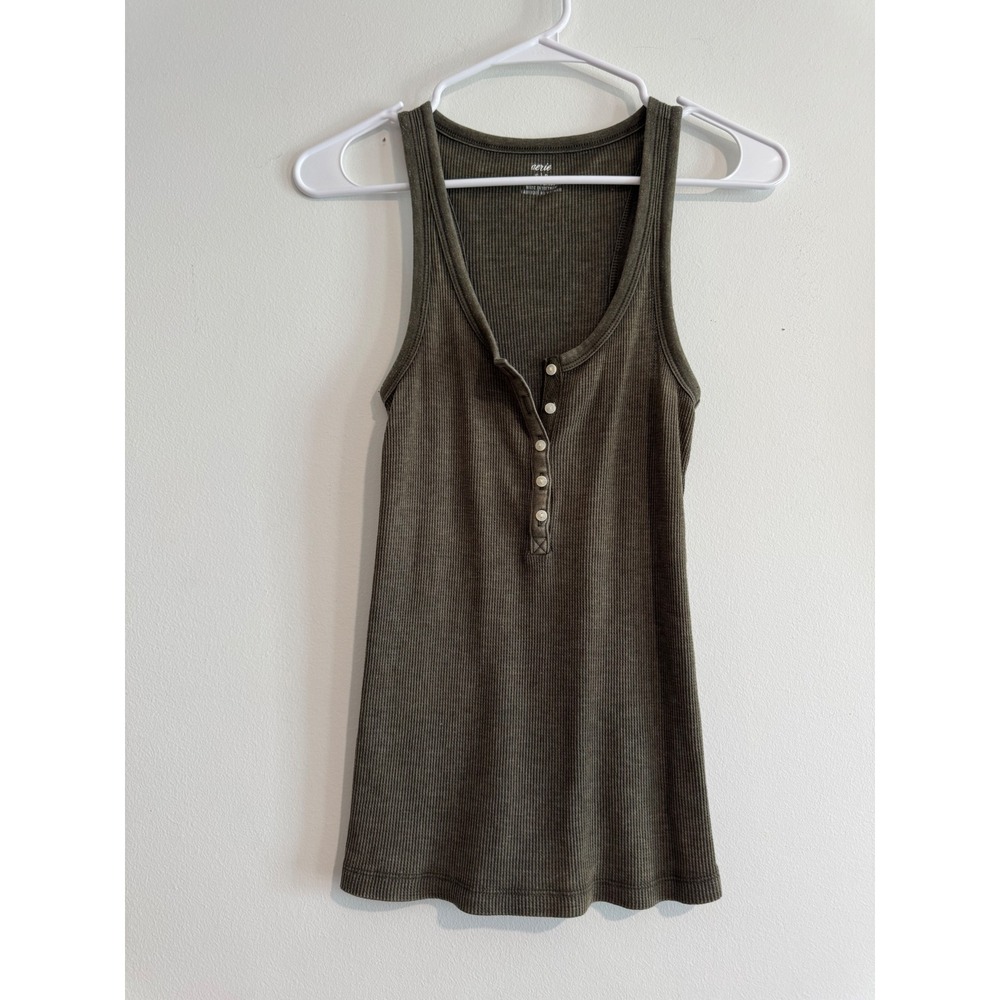 Aerie Ribbed Henley Tank Top Women Small Olive Green Racerback Button Front